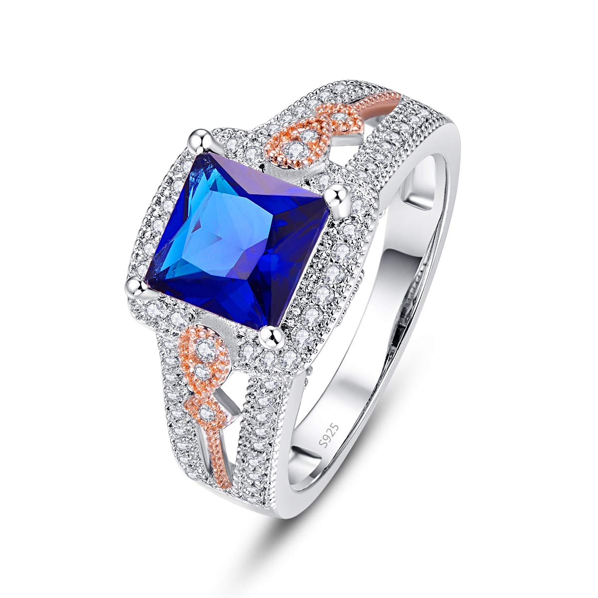 Empsoul 925 Sterling Silver Women's 7x7mm Princess Cut Filled Royalblue Quartz Rose Gold Weave Mystic Promise Wedding Ring Size 6