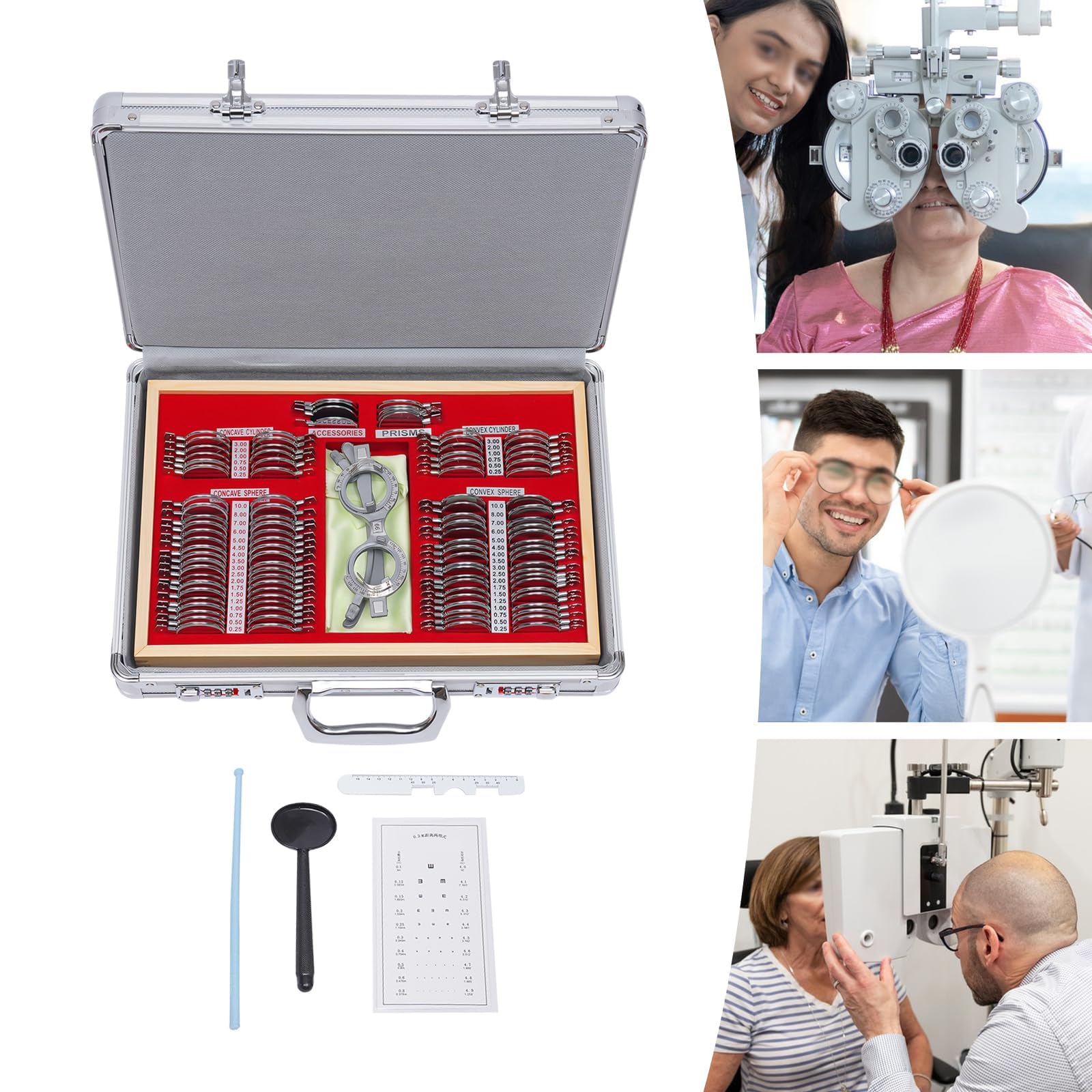 Trial Lens - Set di lenti di prova, 104 pezzi, lenti con occhiali di prova, in metallo, ottometria, lenti di prova, lenti ottiche, con telaio ottometrico e valigetta ottometrica