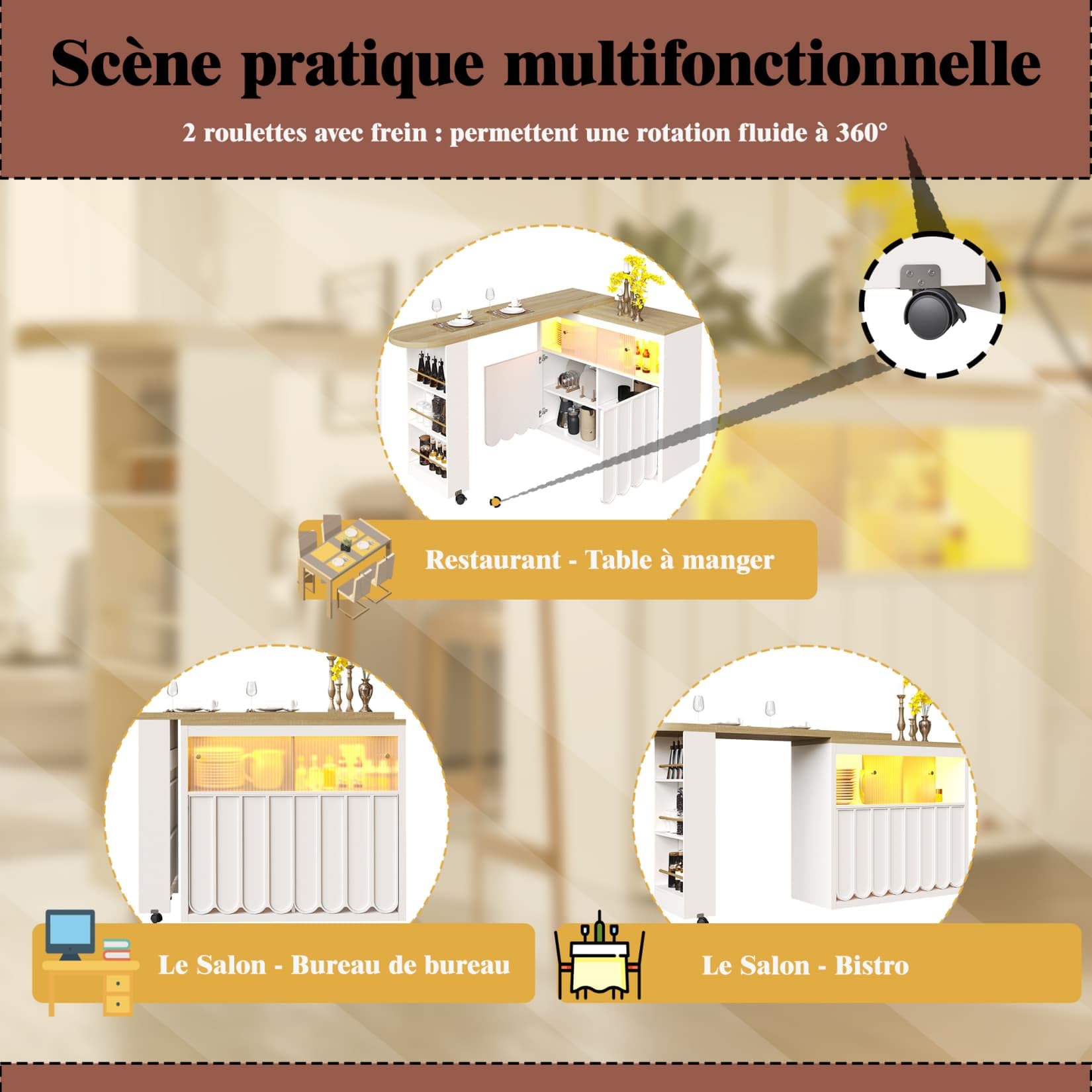Table de Bar Extensible avec Espace de Rangement,Table Bar Cuisine Pivotant à 360° Moderne avec LED,Meuble de Rangement pour Cuisine,Salon,Salle à Manger,135-205×39×100cm (Blanc-B)