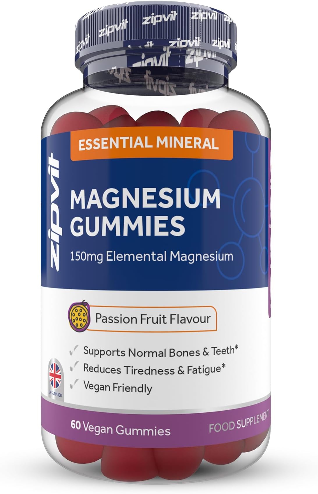Magnesium Gummies for Adults, 150mg Elemental Magnesium Citrate, Supports Energy, Muscle & Bone Health, Passionfruit Flavour, 60 Vegan Gummies, 1 Month Supply