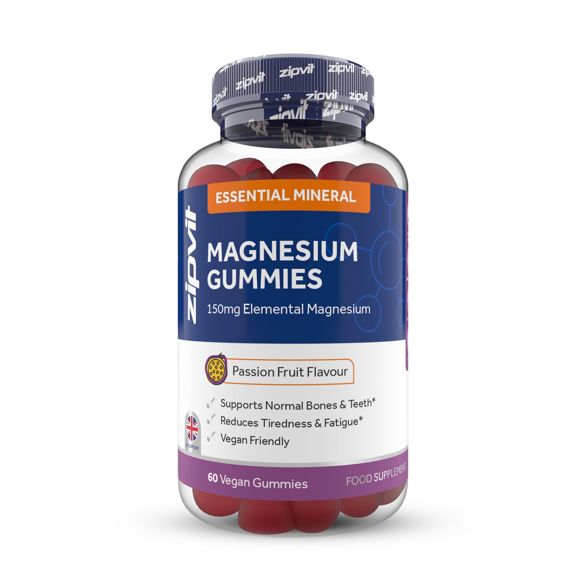Zipvit Magnesium Gummies for Adults, 150mg Elemental Magnesium Citrate, Supports Energy, Muscle & Bone Health, Passionfruit Flavour, 60 Vegan Gummies, 1 Month Supply
