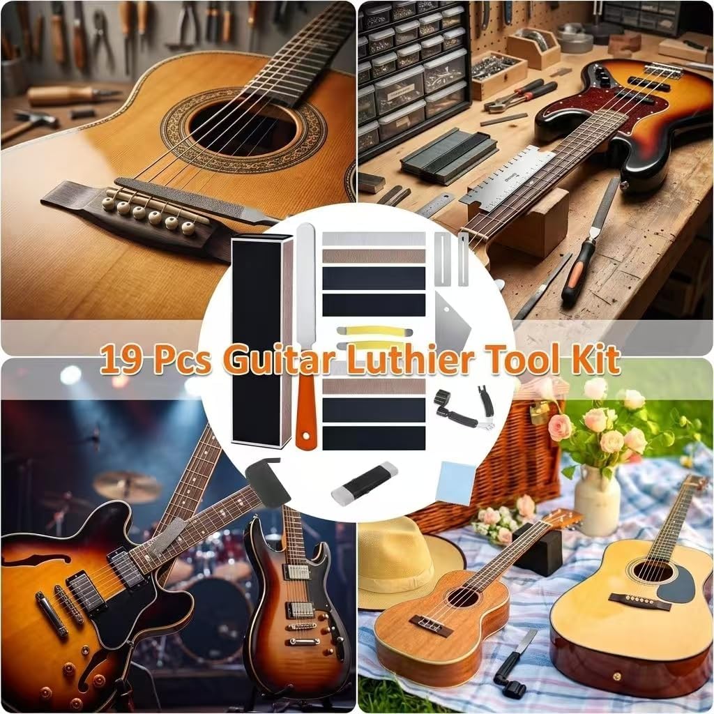 19 Pcs Guitar Luthier Tool Kit, Guitar Fret Leveling Kit with Fret Levelling Beam, Crowning File, Fret Rocker, String Winder, Repair Tools Set for Acoustic Electric Guitar Bass