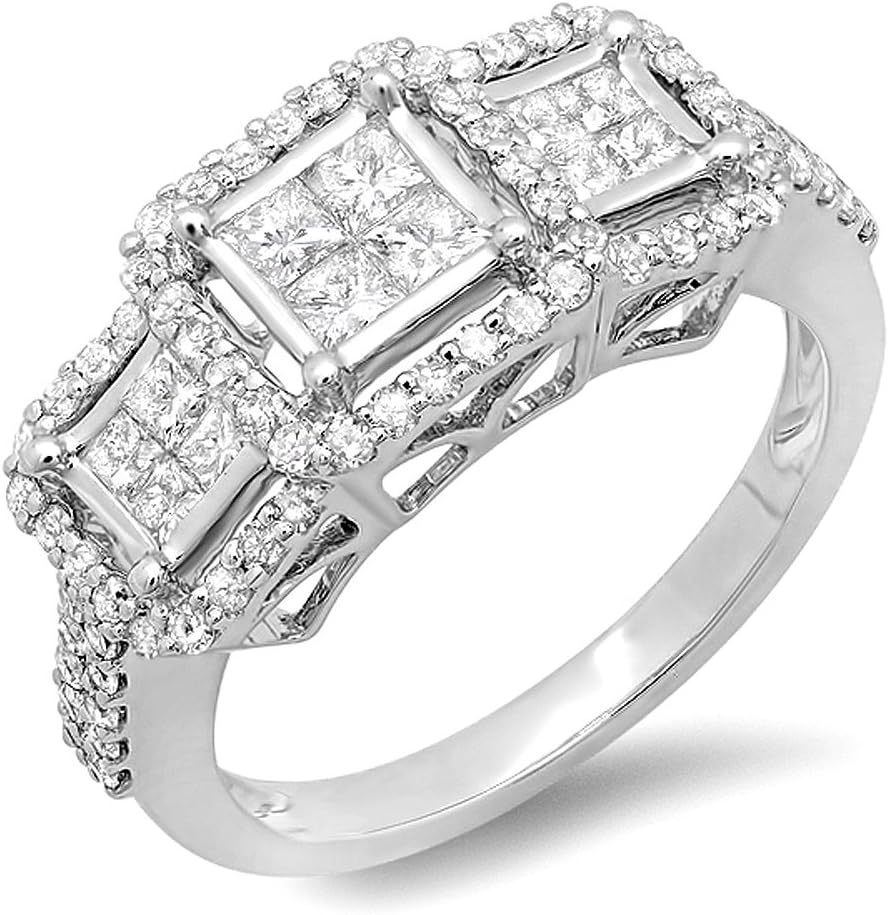 Dazzlingrock Collection 1.25 Ctw Round & Princess Natural Diamond 3 stone Women Engagement Bridal Ring 1 1/4 CT,White Real Solid Gold