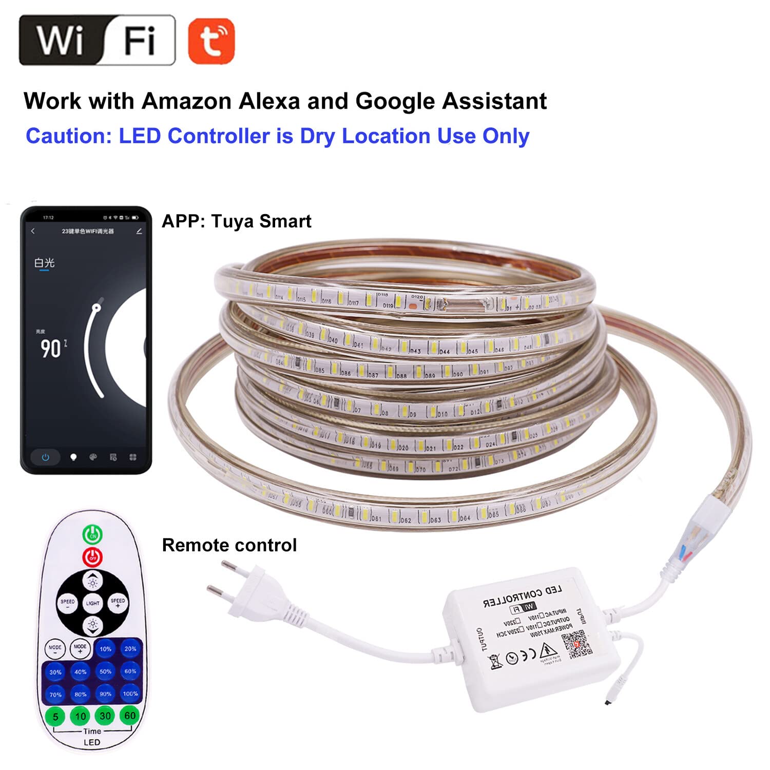 XUNATA Tira de LED Regulable 3014 Impermeable IP65 con Remoto& Controlador WiFi, La Aplicación Tuya Funciona con Alexa/Asistente de Google/Smart Thing (16m, Blanco Cálido)