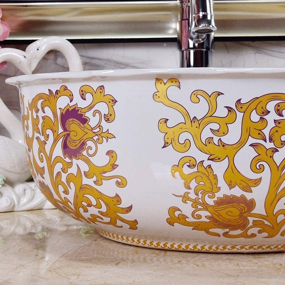 Szafka Pod Umywalkę Z Umywalką, Umywalka Łazienkowa, Umywalka Nablatowa, Ceramiczna Umywalka Łazienkowa W Stylu Vintage, Okrągła, Biała, Porcelanowa, Ręcznie Malowana