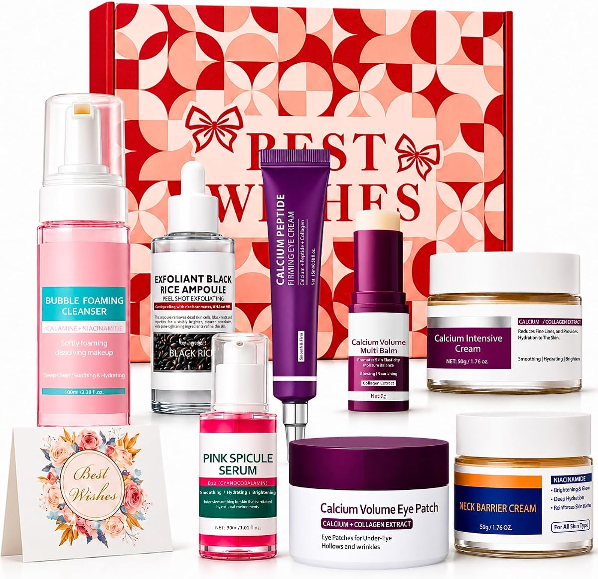 10PC Calcium Skincare Bundle Set for Women, Anti-Aging Glass Skin | Cyano pink korean skincare set gift kit with cleanser, serums, eye care, face & neck creams for glow, firming & fine lines