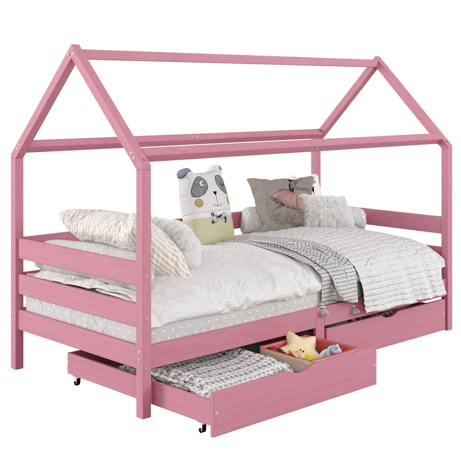 IDIMEX Cama Montessoriana Madeira Maciça Casa com Estrado Clia (Rosa)