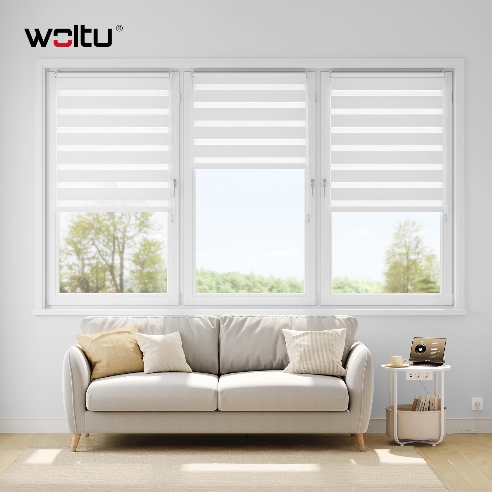 WOLTU Tenda a Rullo Giorno e Notte senza Foratura, Preassemblata, Tenda Oscurante e Filtrante, Doppio Strato per Finestra e Porta, 55x120 cm [Larghezza Tessuto: 51 cm], Bianco