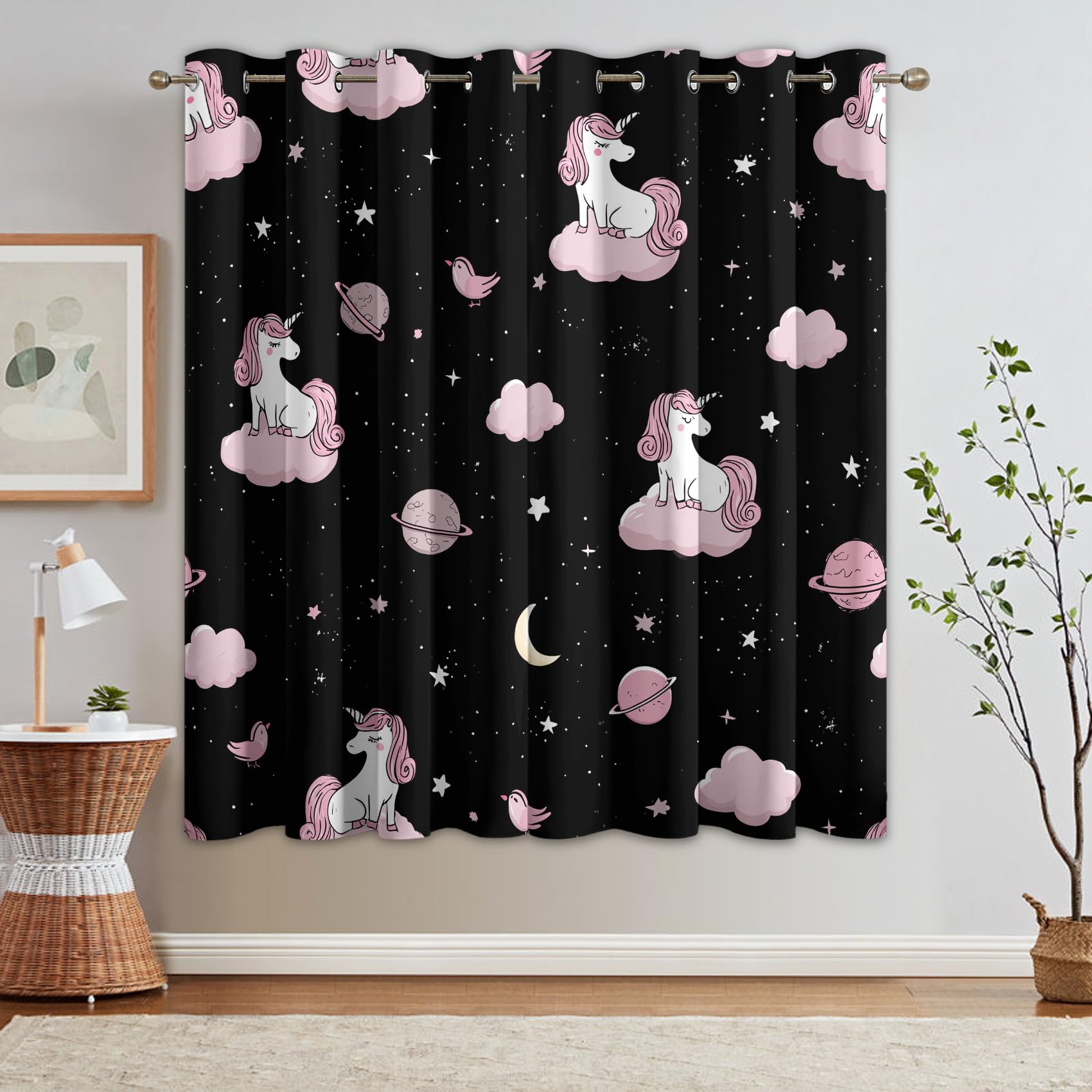 Rideau Occultant Licorne, Rideaux Motif Nuage Enfant Fille, Rideau Thermique Isolant Draperies Intérieurs à Oeillets pour Chambre Salon Fenetre, Lot de 2, 140x180 cm D135
