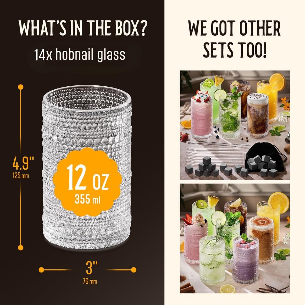 Set of 14 - Hobnail Drinking Glasses set of 14 12oz Clear Multipurpose Glassware Set, Decorative Glasses Drinking Set for Bar, Kitchen, Cocktail Glassware