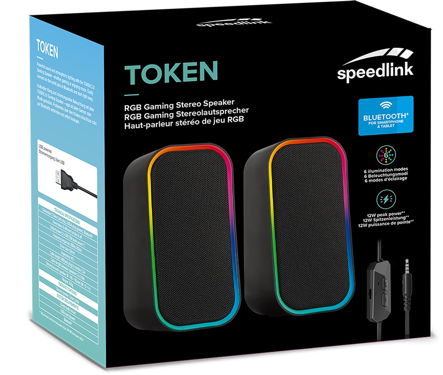 Speedlink Token Gaming PC Głośnik Bluetooth - Głośnik do gier RGB z kablem Gniazdo AUX 3,5 mm lub złącze Bluetooth do laptopa, tabletu, smartfona, 6 trybów oświetlenia, 12 W, czarny