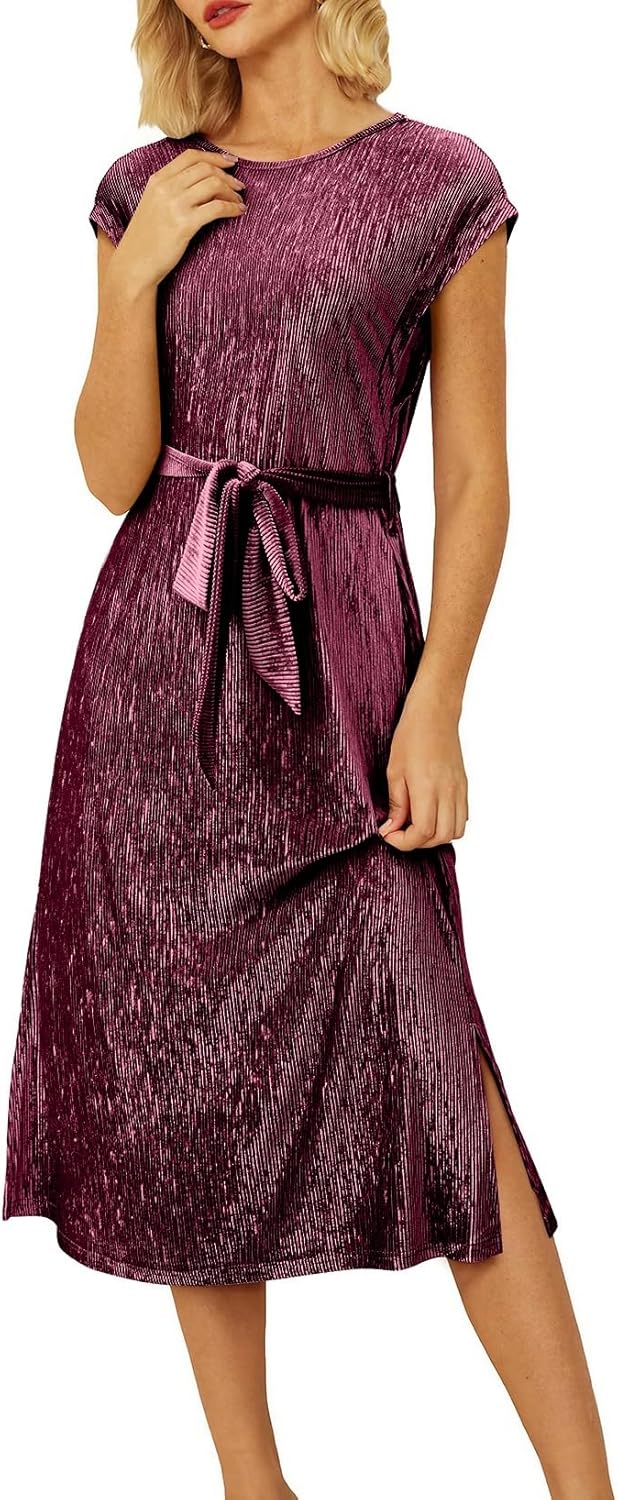 Happy Sailed Winter Fall Sleeveless Crewneck Velvet Casual Dress Party Midi Dresses with Pockets