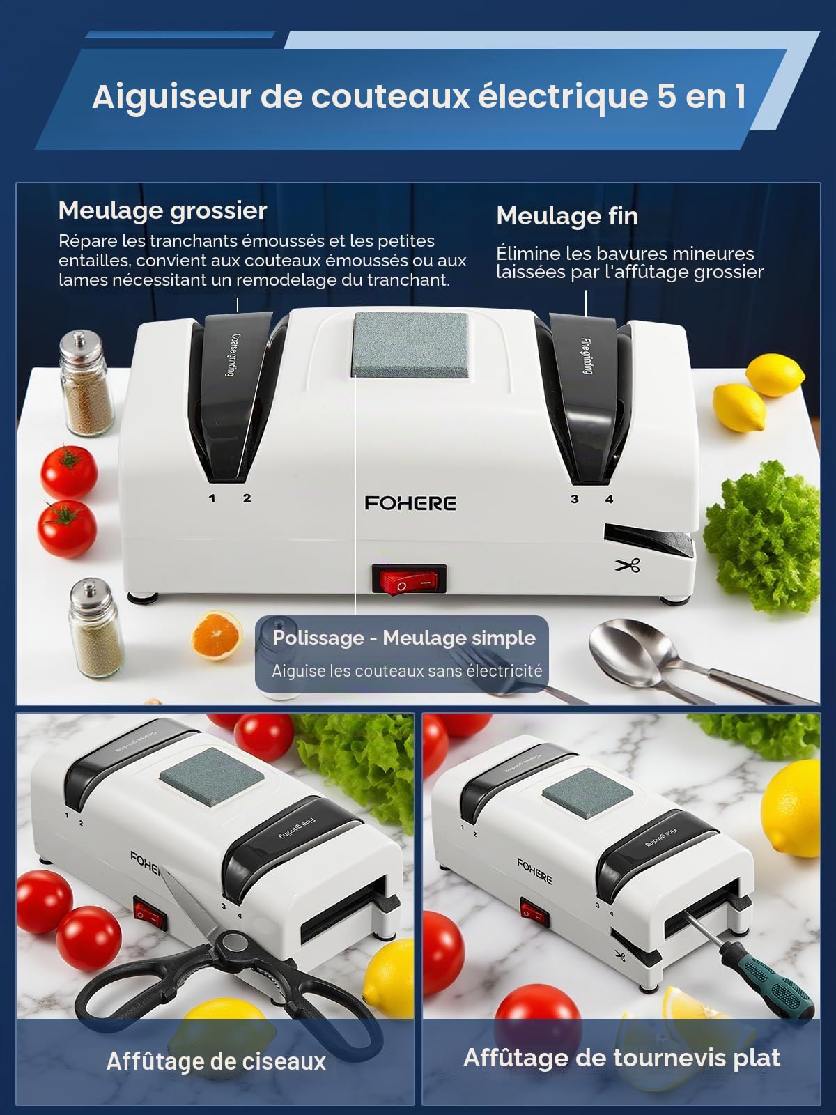 FOHERE Aiguiseur de Couteaux électrique 5 en 1, 2 Récupérateurs de Copeaux Magnétiques, 100% Diamant Abrasif pour Couteaux de Cuisine, Ciseaux et Petit Tournevis à Tête Plate.