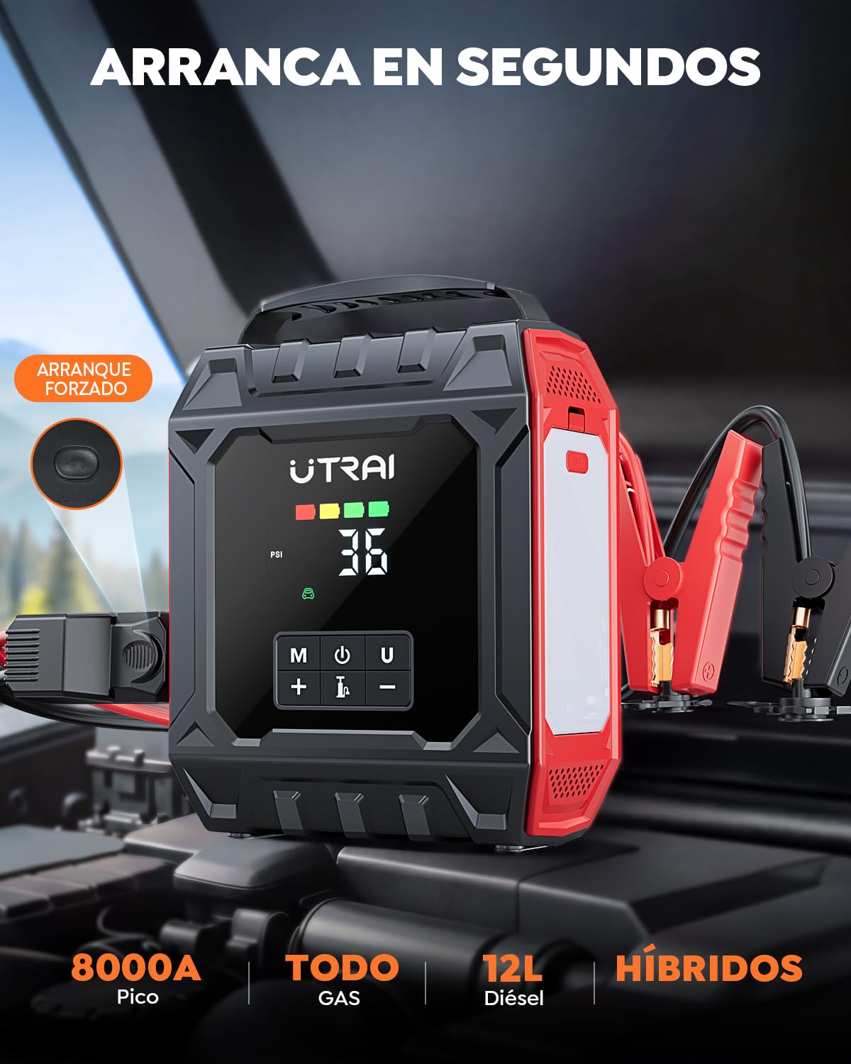 Arrancador de Baterías de Coche Portátil 8000A con Compresor de Aire 160PSI(All Gas/12L Diésel/Híbrido),UTRAI Arrancador con Luz Magnética Desmontable de 1200 Lúmenes,Kit de Reparación de Neumáticos