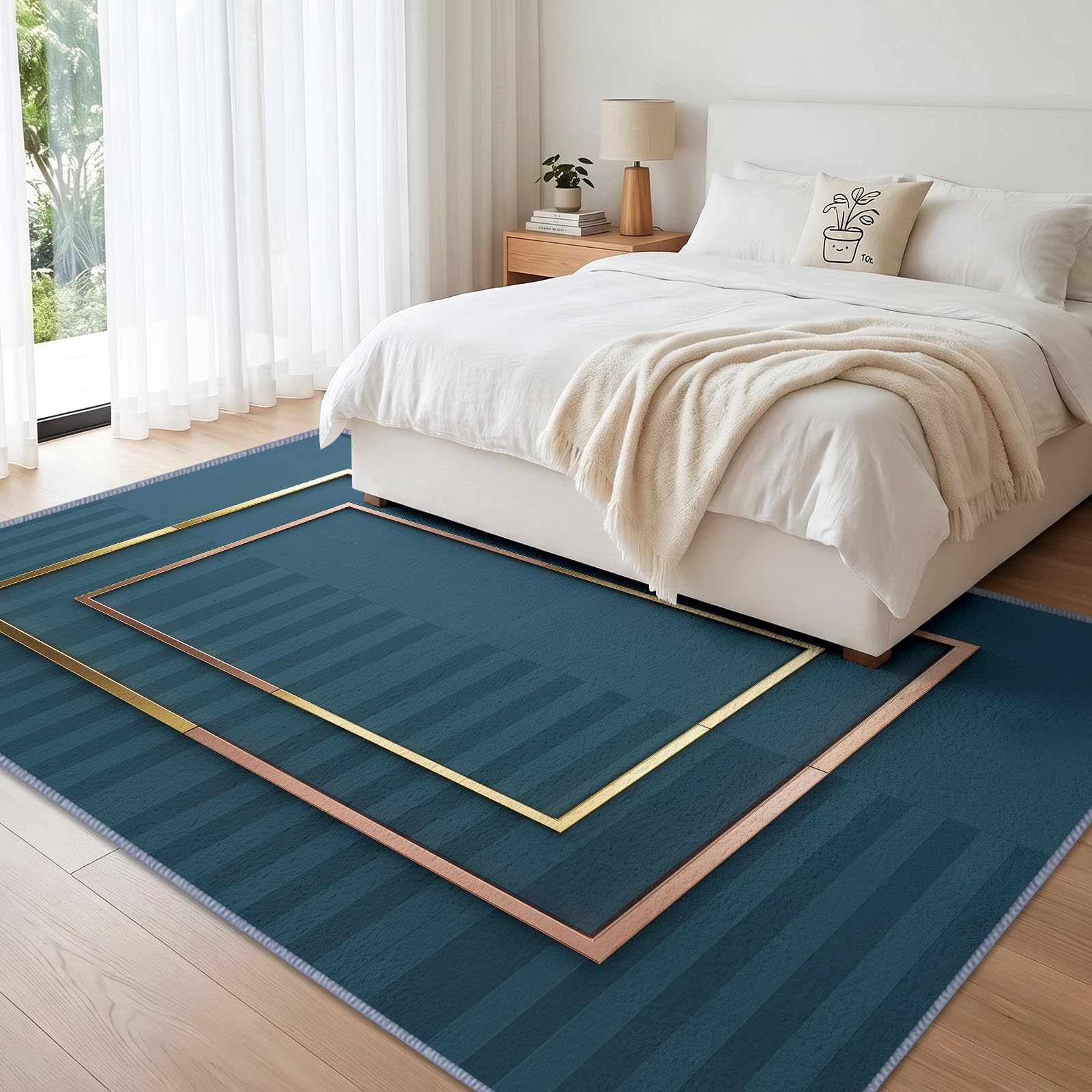 Petrol Geometrisch Waschbarer Teppich Wohnzimme 80x152 cm, Weich Kurzflor rutschfest Minimalistisch Modern Teppich für Schlafzimmer Esszimmer Büro
