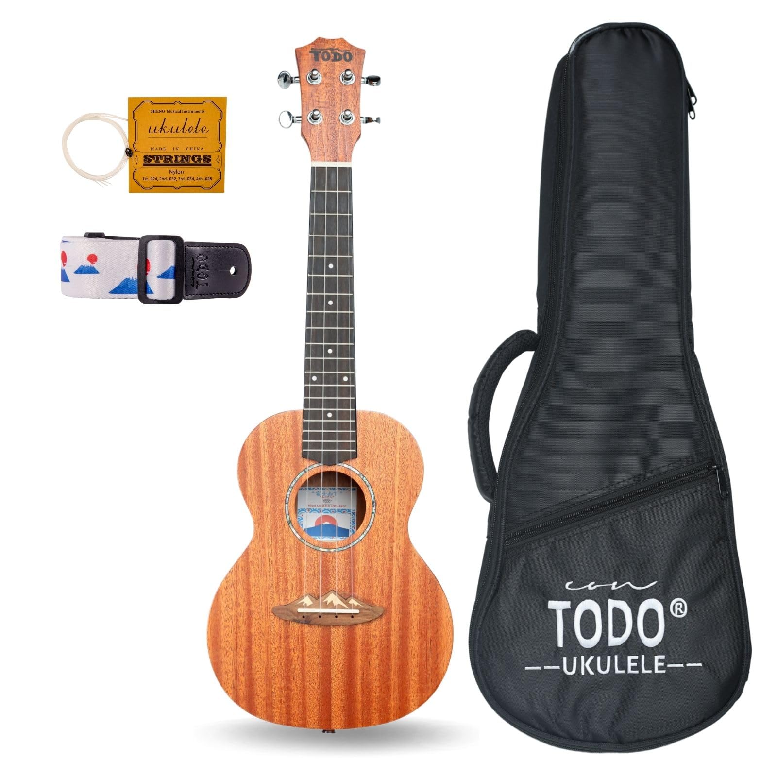 TODO Moutain Fuji Ukulélé en acajou de concert pour adultes débutants kit avec cordes en carbone, capodast, bandoulière