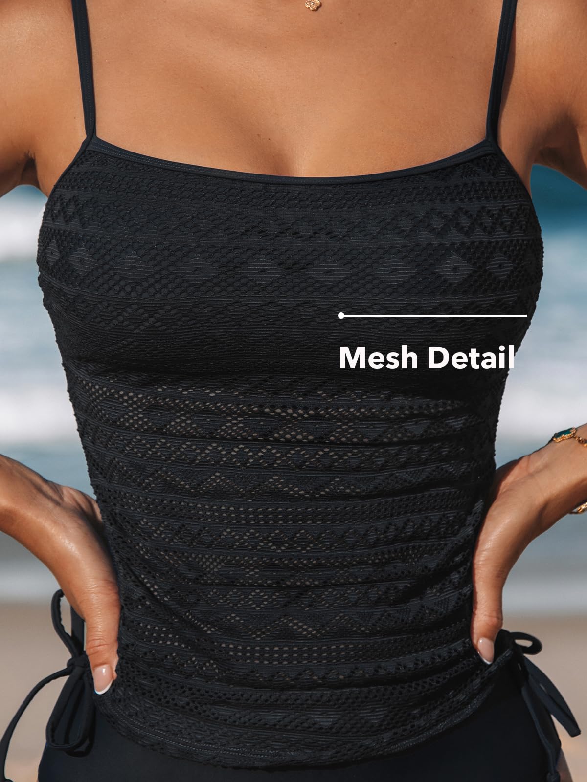 CUPSHE Tankini da donna Set due pezzi costume da bagno quadrato collo in rete costume da bagno regolabile spalline sottili coulisse costume da bagno