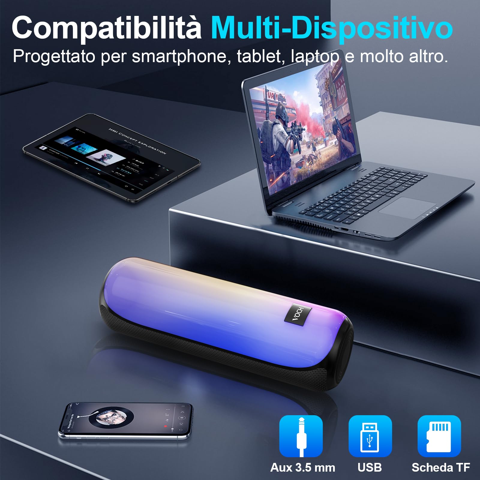 VOCH Cassa Bluetooth Portatile con Luce LED RGB, 40W Stereo Potente Altoparlante Bluetooth 5.3, Accoppiamento TWS, IPX7 Impermeabile, 20 Ore di Riproduzione per Esterno, Feste, Camping, Casa, Viaggi