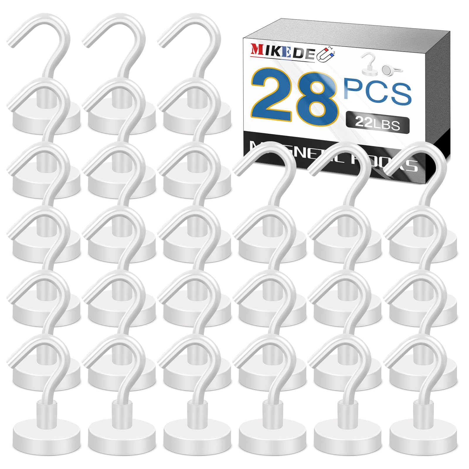 MIKEDEMagnetic Hooks Heavy Duty, Strong Magnet with Hook for Fridge, Super Neodymium Extra Strength Industrial Hooks for Hanging, Magnetic Hanger for Toolbox, Cruise, Grill - (White, 28 Pack)