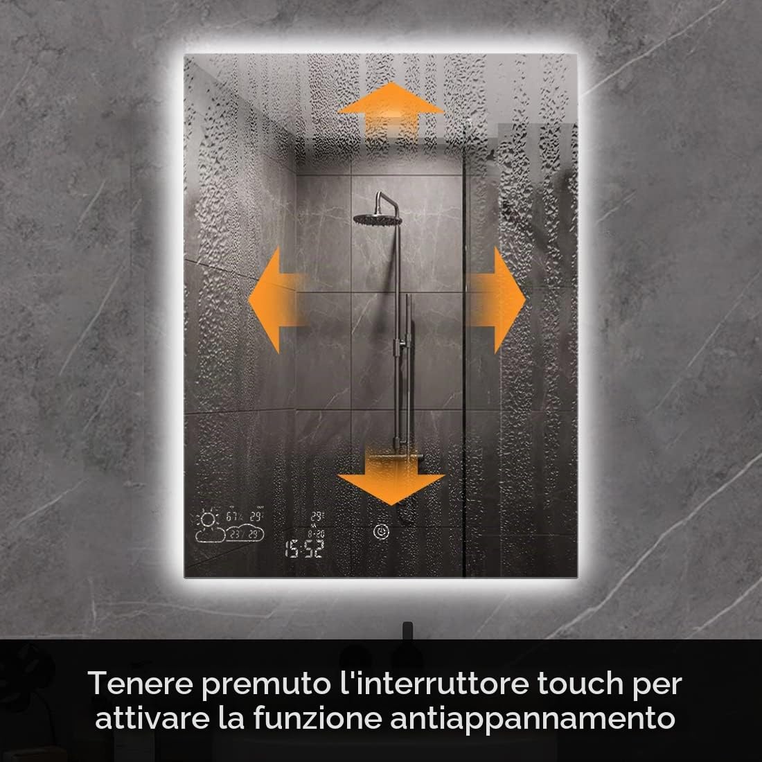 byecold Specchio da bagno a LED, anti-appannamento, 60 x 80 cm, con interruttore touch, stazione meteo WiFi e data, Smart Mirror, verticale