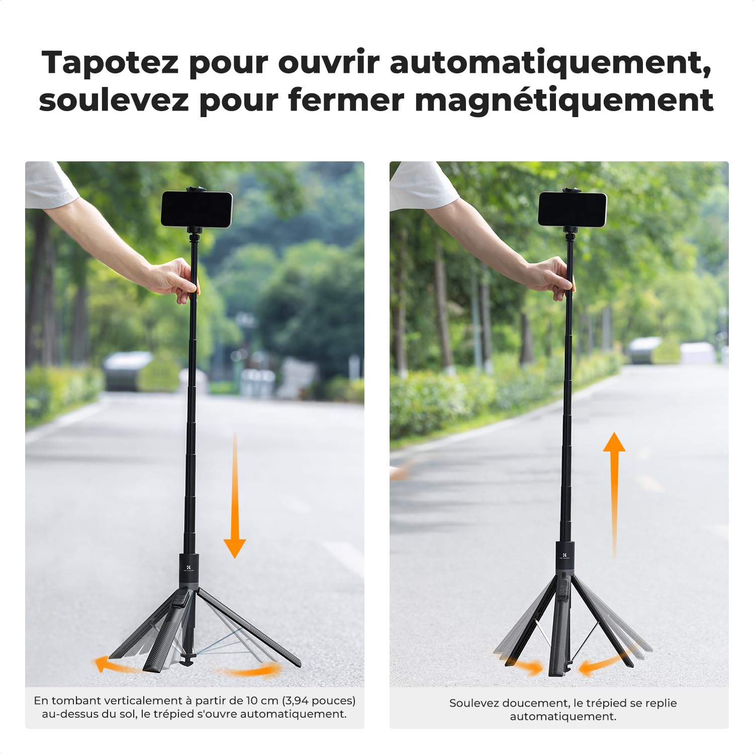 K&F CONCEPT 175cm Perche à Selfie Auto-Ouvert,Selfie Stick Trépied avec Télécommande Bluetooth & Griffe Froide, 360° Rotation, Trépied Smartphone Portable pour Voyages, Vloggers, iPhone/Samsung, Noir
