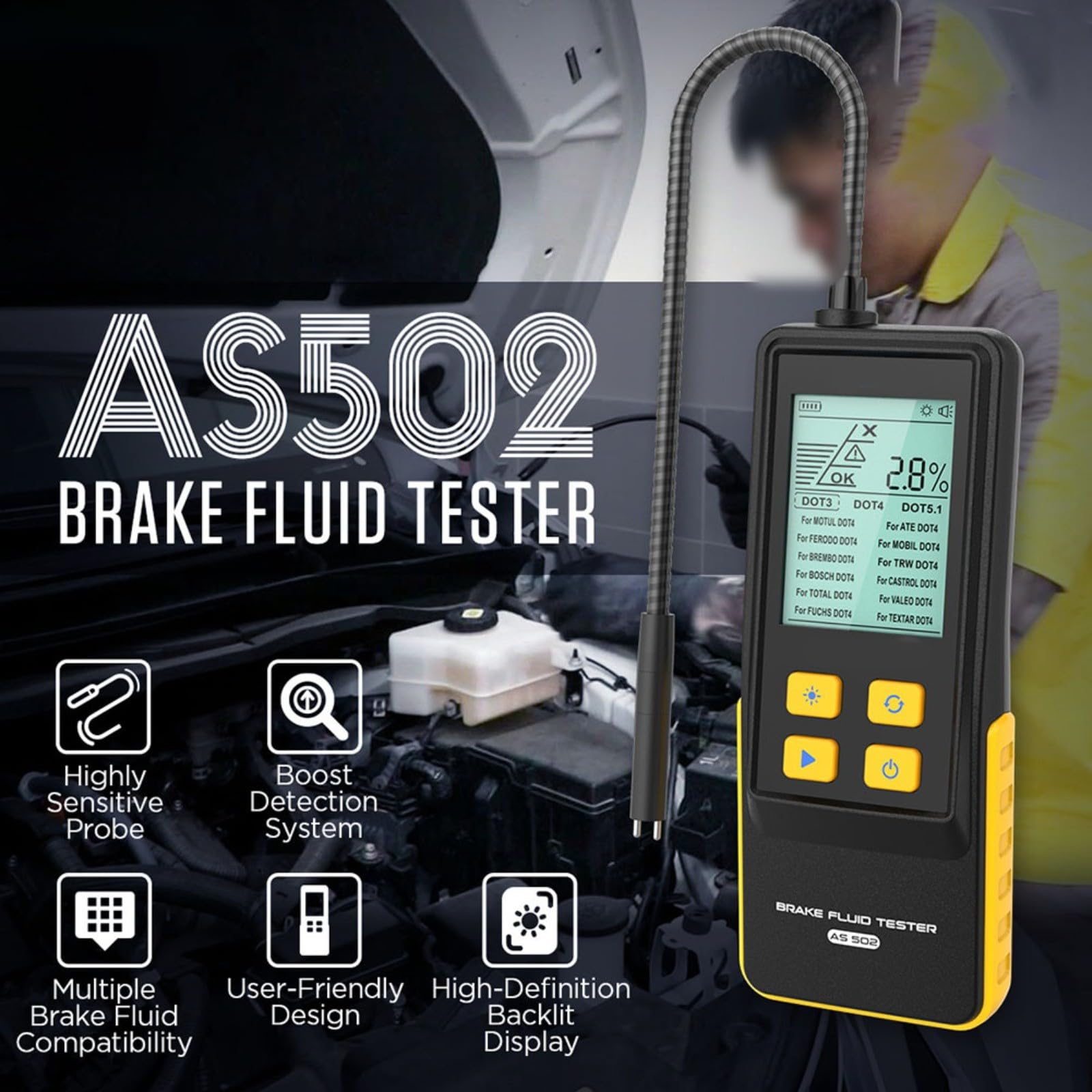 AS502 Tester del liquido dei freni con display digitale per DOT-3/4/5.1, tubo flessibile da 260 mm, allarme acustico e avviso a 3 livelli per la misurazione dell'umidità