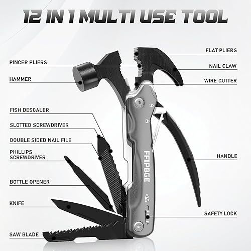 Miniatura 2 de 12 en 1 Martillo Multiherramienta, Multiherramienta de Camping con Destornillador, Bloqueo de Seguridad y Funda de Nylon Duradera, Regalos de