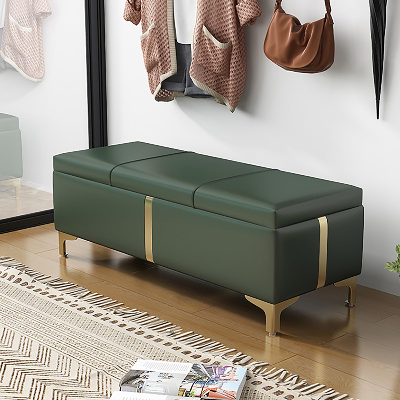 Nowoczesna ławka wejściowa ze skóry PU – składany schowek na buty do salonu i sypialni, brązowe tapicerowane meble domowe, stylowy i oszczędzający miejsce design