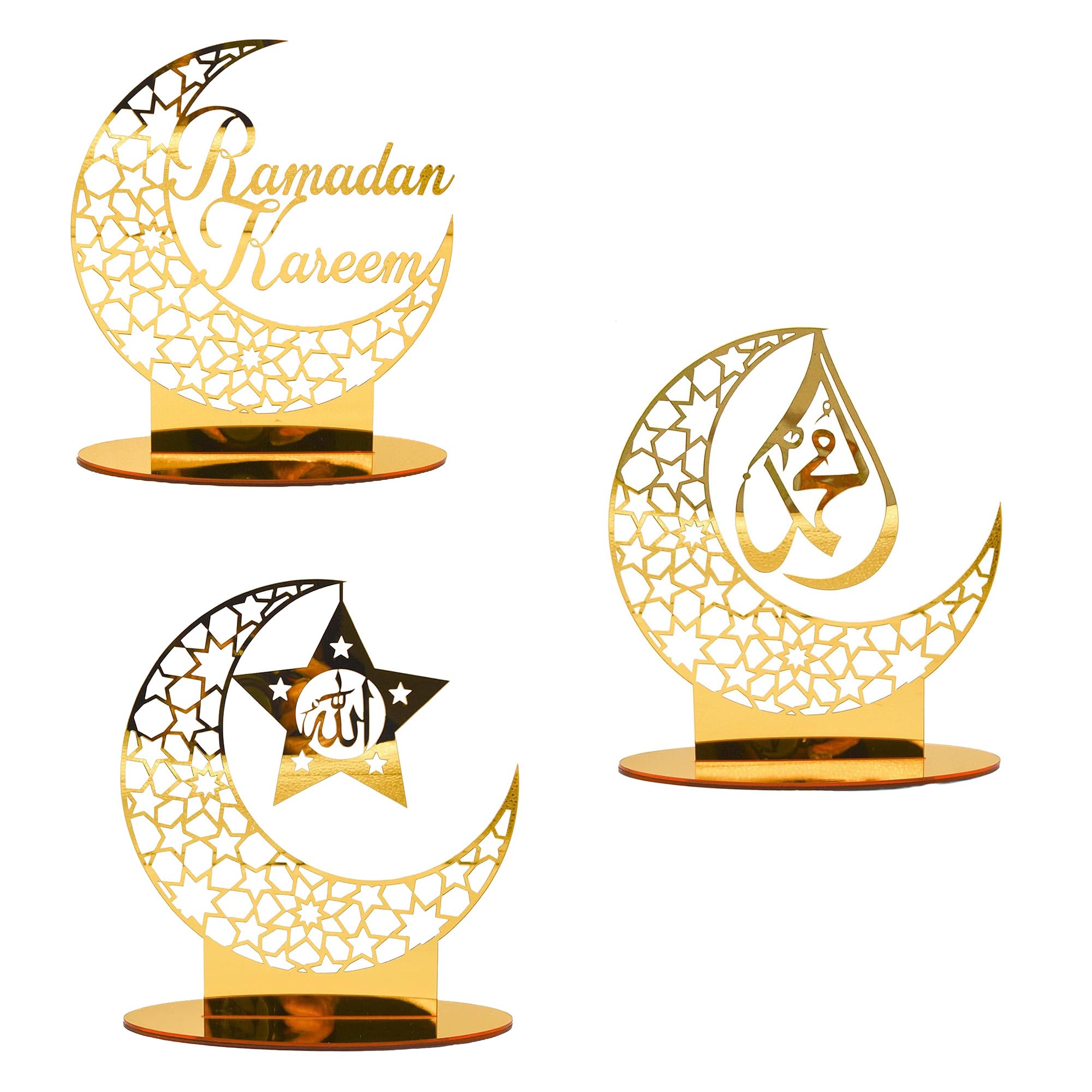 KreateSquare Ramadan Moon & Star Decorations – 3 PCs Eid & Ramadan Mubarak Decorations, Gold Islamic Tabletop Decor for Home, Party, Dinner, Mosque, Festival Display (Design-1)