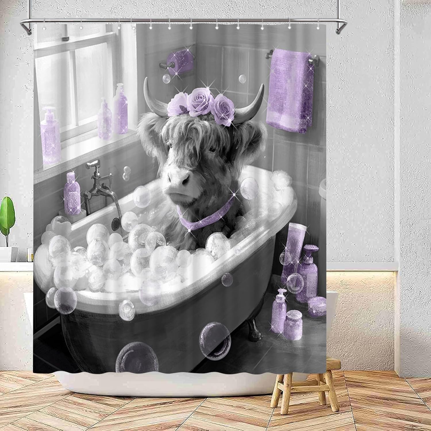 Highland Cow Shower Curtain Cow Bathroom Decor Funny Animal Bathroom Curtain with 12 Hooks 72x72 Inchs (Purple)