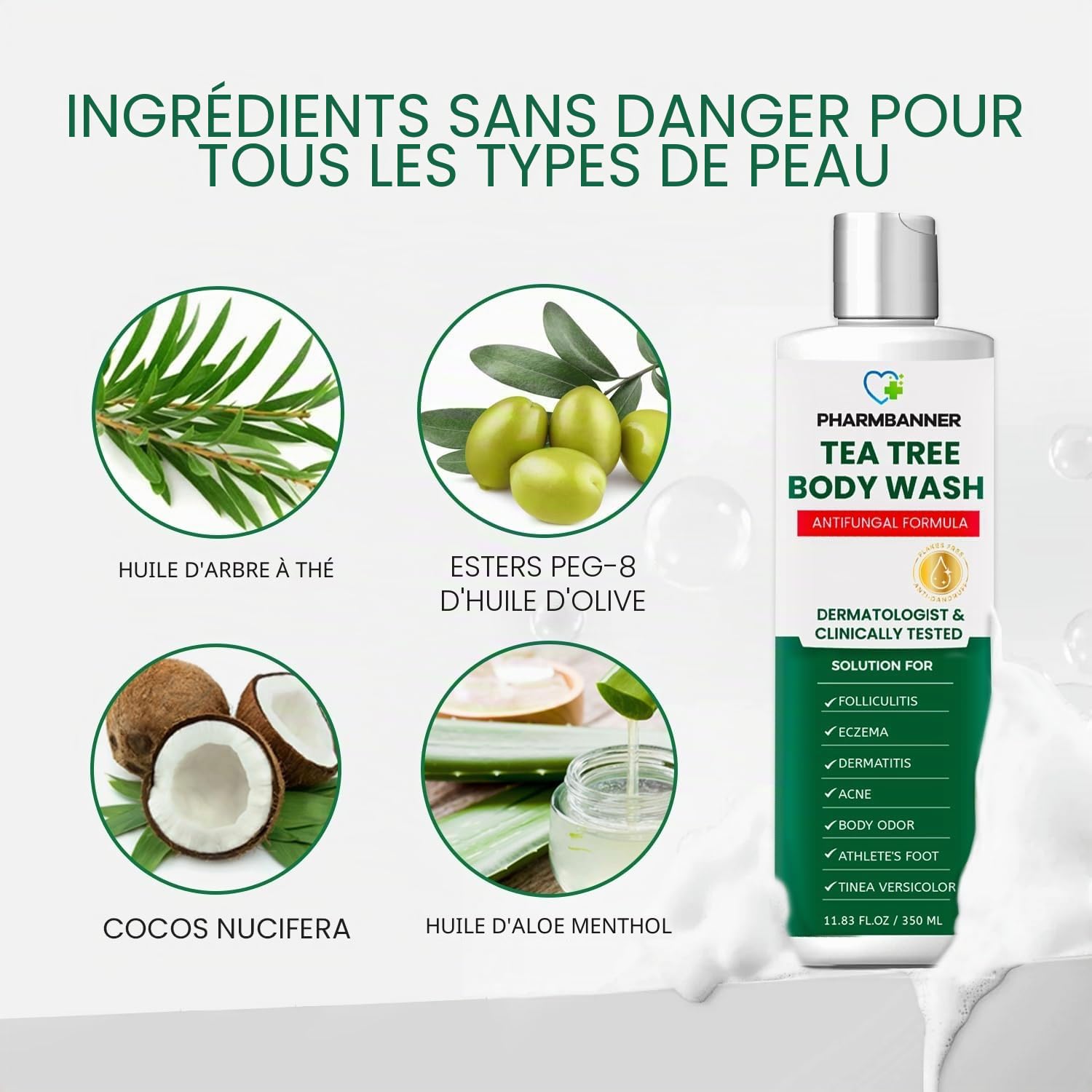 Tea Tree Gel douche antifongique : traitement de la folliculite pour la peau sujette à la dermatite, l'acné du visage et du corps, démangeaisons, pied d'athlète, teigne, tinea versicolor, odeur