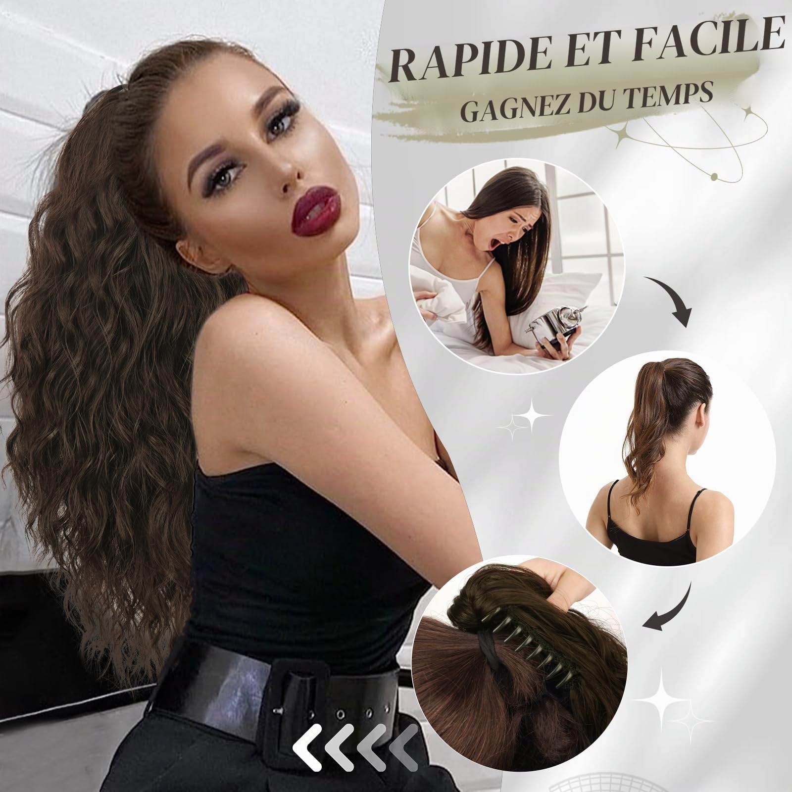 BARSDAR Extensions de cheveux synthétiques à clipser pour queue de cheval - 45,7 cm - Cheveux bouclés et ondulés - Pour tous les jours - Brun foncé