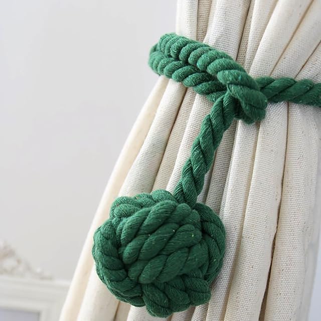 Vankra One Pair of Handmade Curtain Tie Backs, Tassel Tie Back Cotton Rope Ball Curtain Accessories (Dark Green)