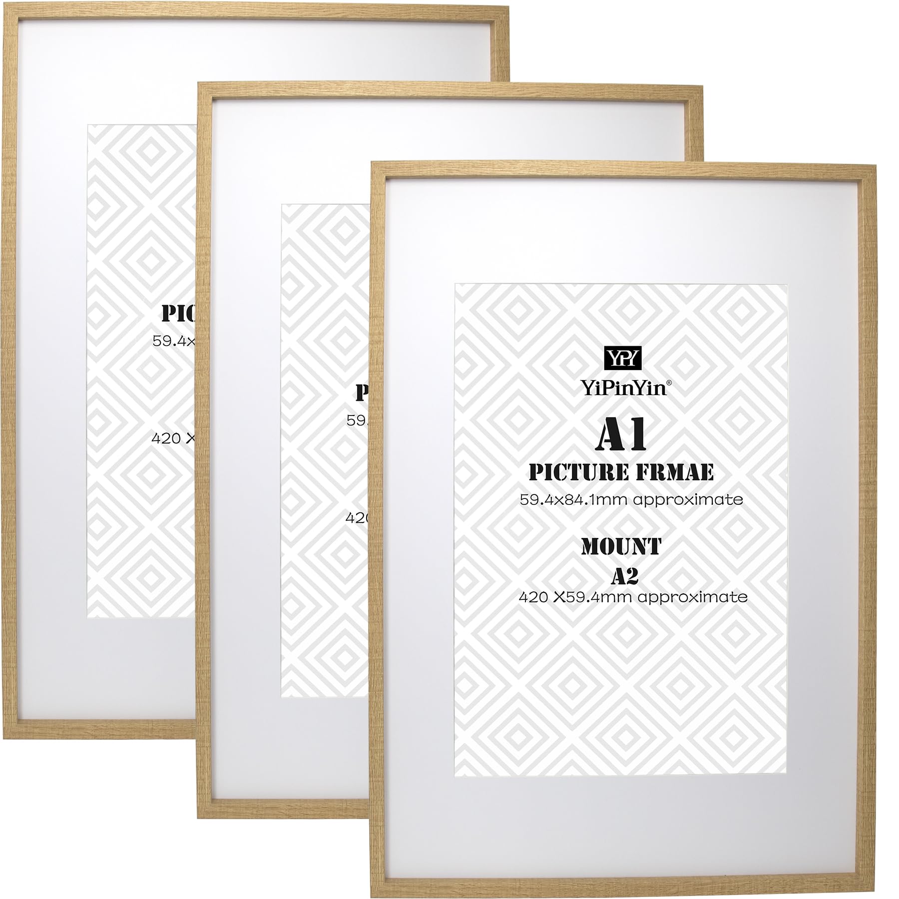 Lot de 3 cadres photo A1 (59,4 x 84,1 cm) avec passe-partout A2 (41 x 58,4 cm) sans acide, cadre effet bois avec passe-partout A2 pour accrocher au mur