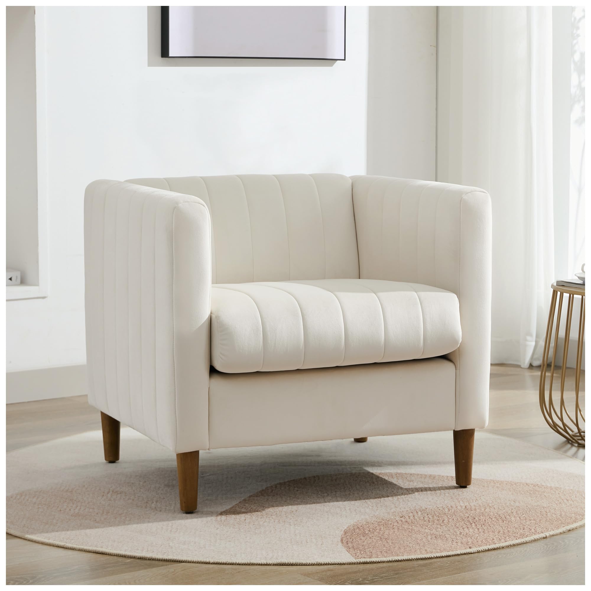 Obmedin Velvet Accent Chair - Oversized Mid Century Modern Armchair, Beige, Wood Legs