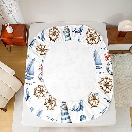 Miniatura 4 de jejeloiu Juego de sábanas con temática náutica, tamaño individual, sábanas de ballena oceánica con bolsillo profundo, sábana bajera ajustable para