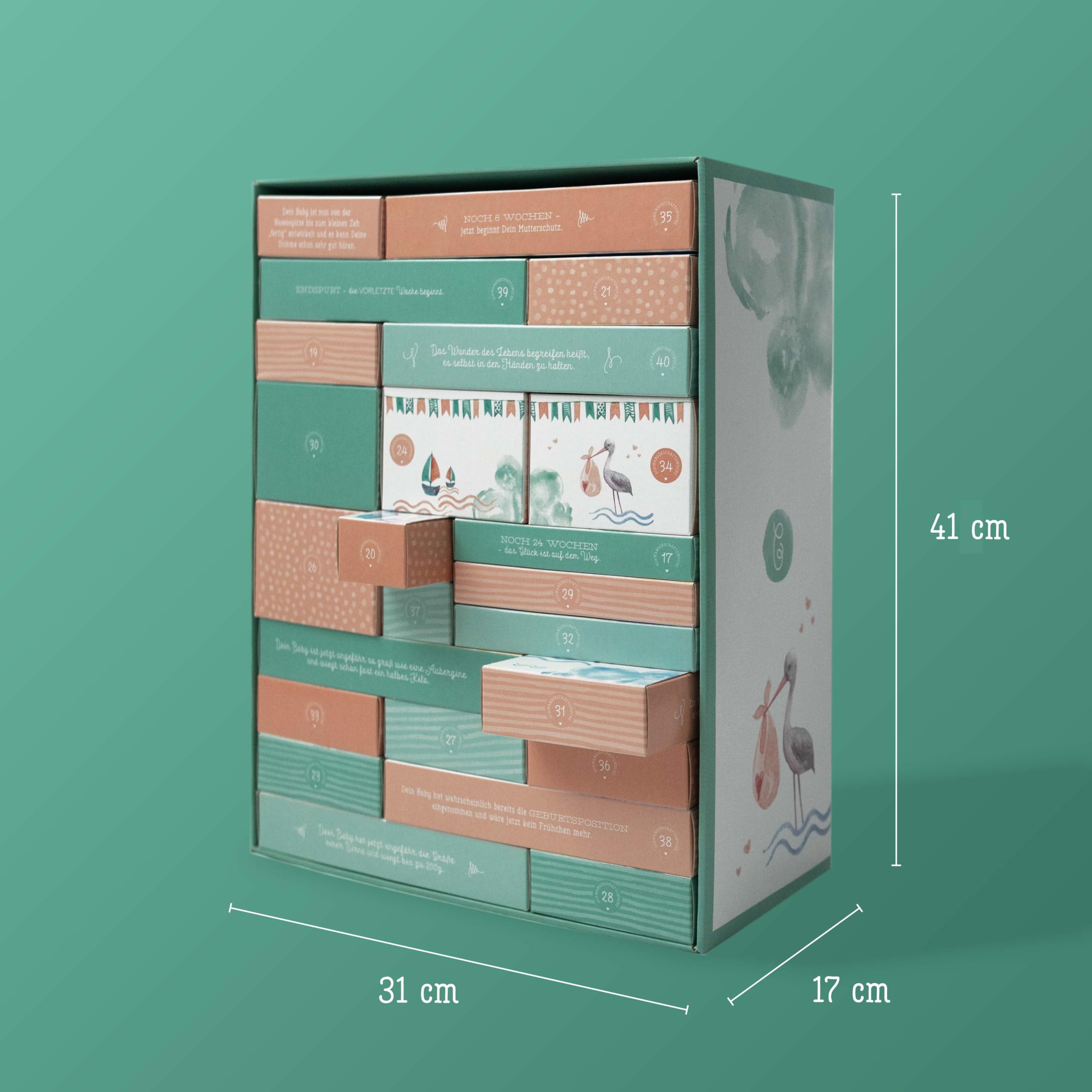 Erstausstattungs-Schwangerschaftskalender/Countdownbox mit Geschenken für 24 Schwangerschaftswochen
