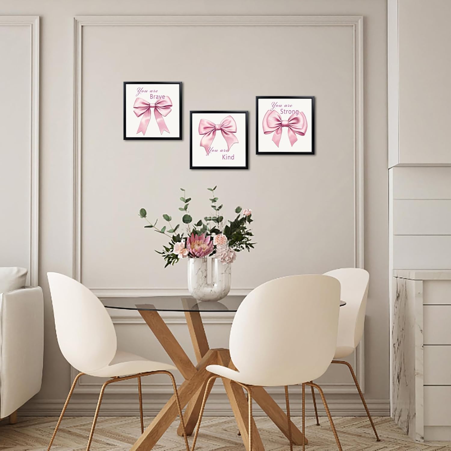 WELMECO Bow Wall Decor Girls Positive Inspirational Framed Wall Art Set, Bow Painting Picture Art Print Teen Bedroom Bathroom Decor, Black Frame, 12x12inchx3 Pieces Ready to Hang (Pink)