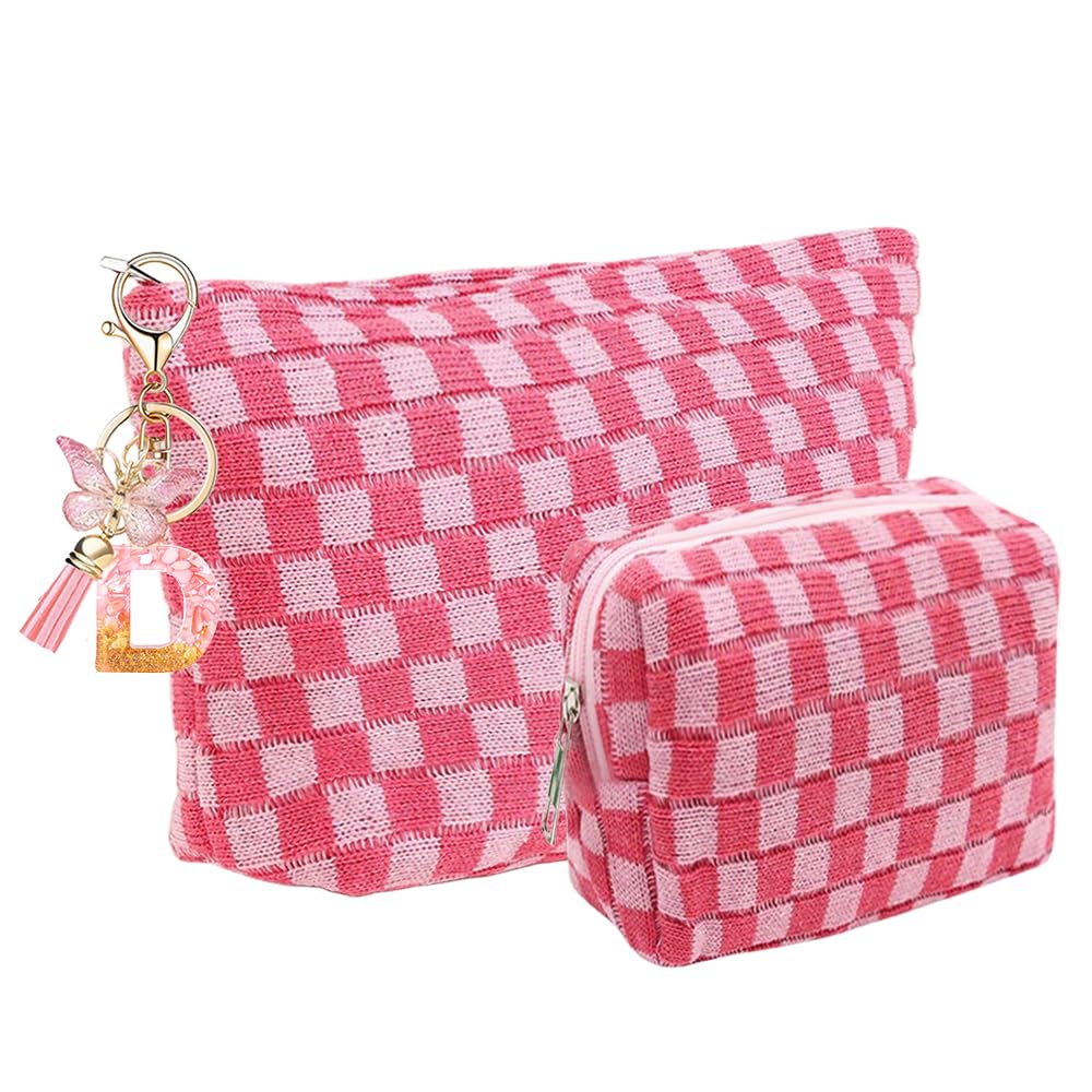 FFpaw 2 Pieces Initial Cosmetic Bags for Women, Checkered Personalized Makeup Bag with Initial Keychain Cute Makeup Pouch for Purse Travel Toiletry
