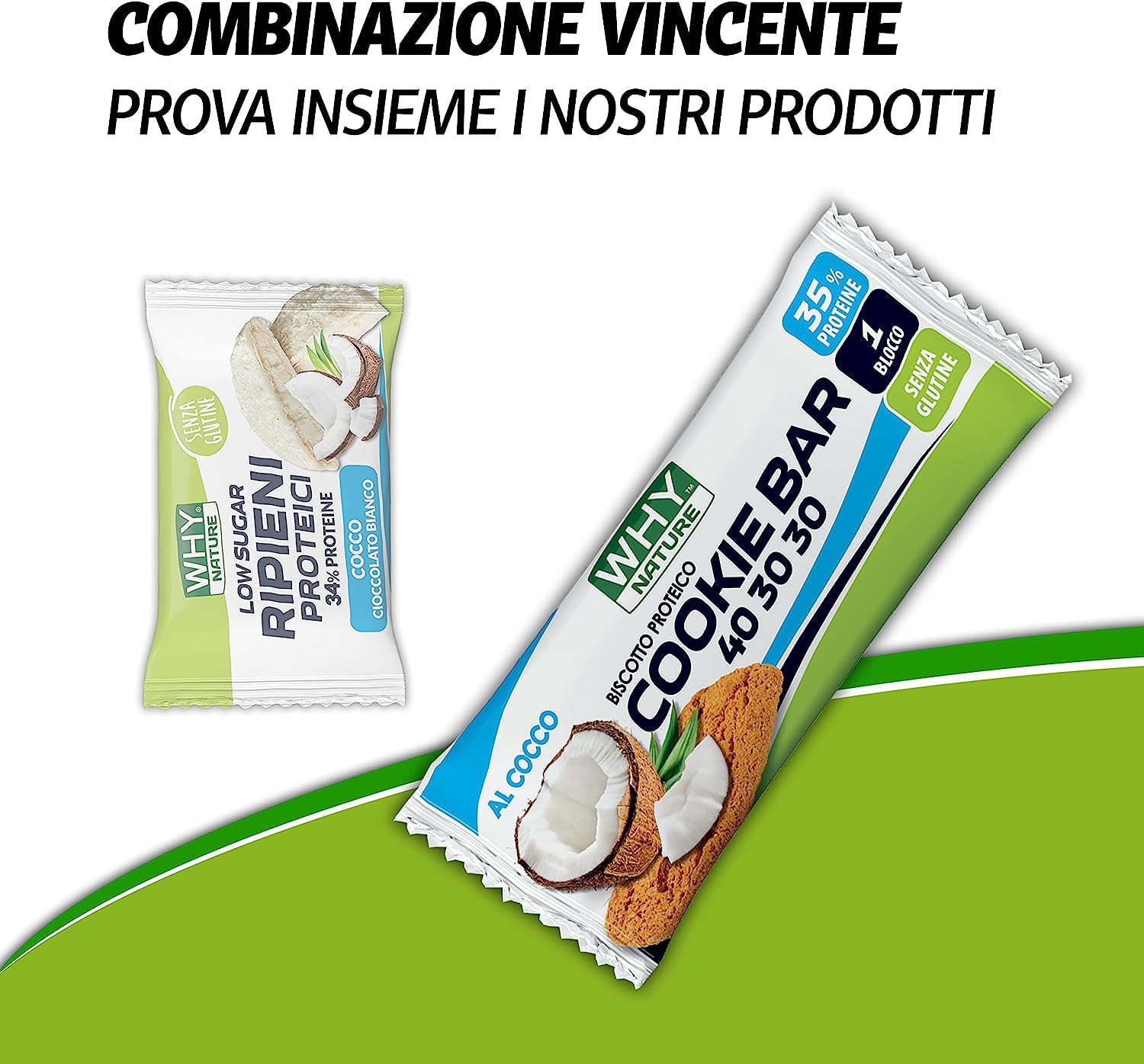 WHY NATURE RIPIENI PROTEICI - Biscotti Proteici Ripieni Di Crema Proteica - Biscotti Monoporzione Senza Glutine - Gusto Cocco e Cioccolato Bianco - Box da 40 Pezzi - 17 gr