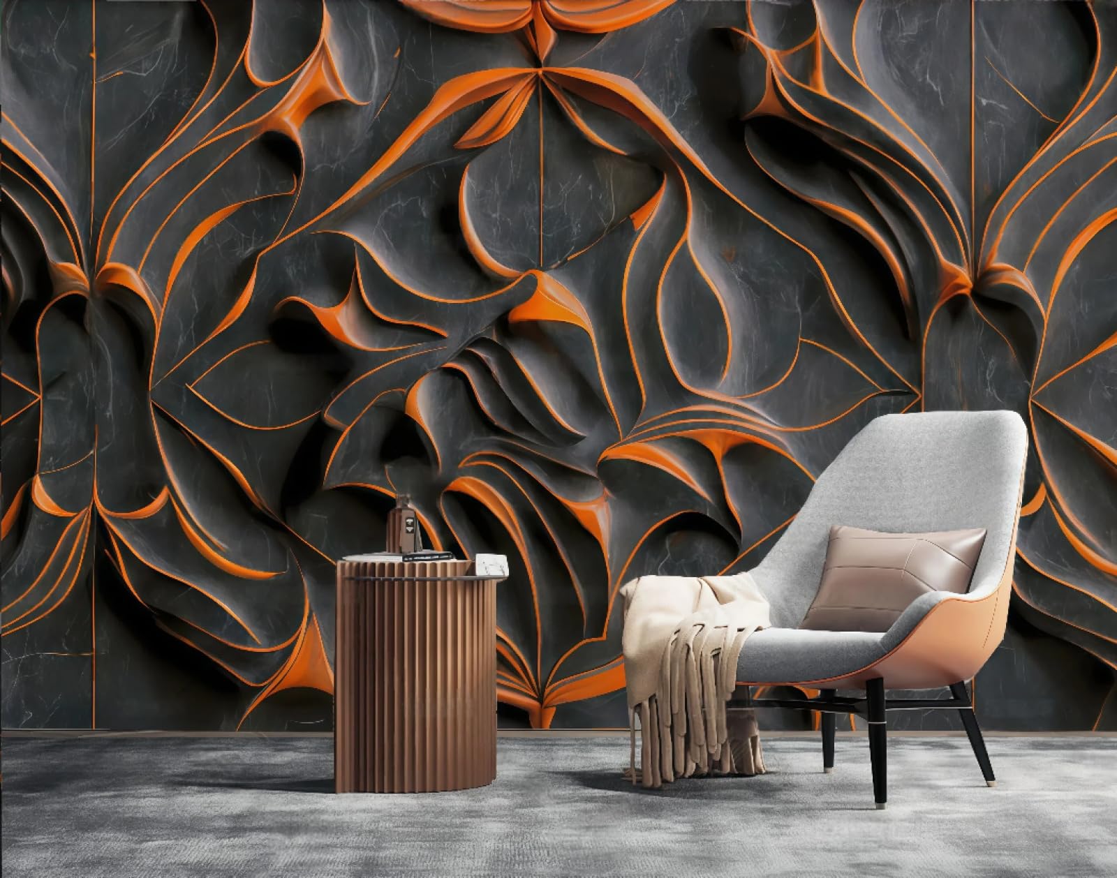 Tapeta sztuka nowoczesna rzeźba pomarańczowe płatki ulga abstrakcyjny czarny marmurowy wzór TV sofa tło tapeta ścienna salon restauracja kawiarnia mural, 3D, 250 x 175 cm
