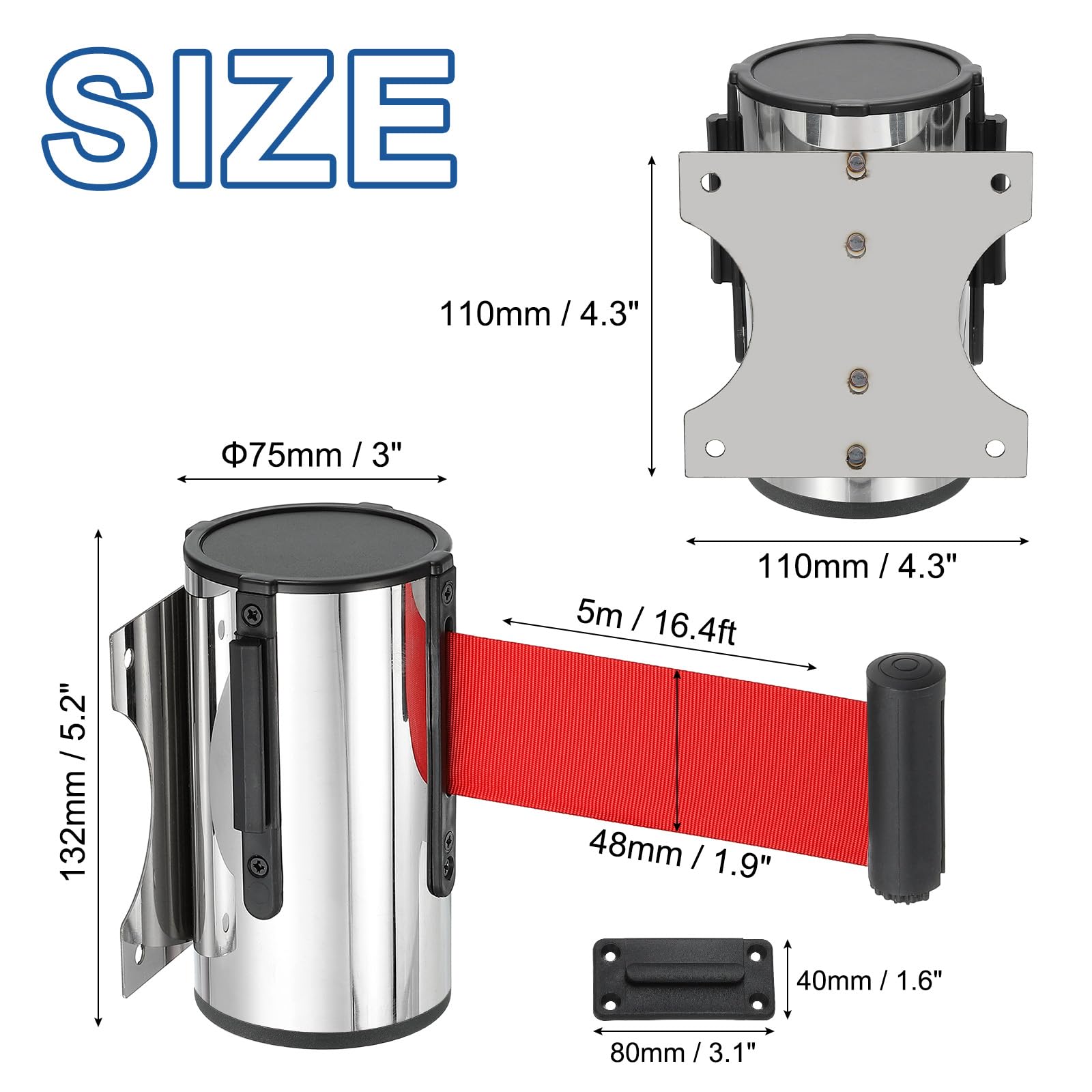 QUARKZMAN Barrera Retráctil Fija Para Pared 5 Metros Cinturón Control Multitudes Colas Tiendas Estadios Rojo Caja Acero Paquete 2