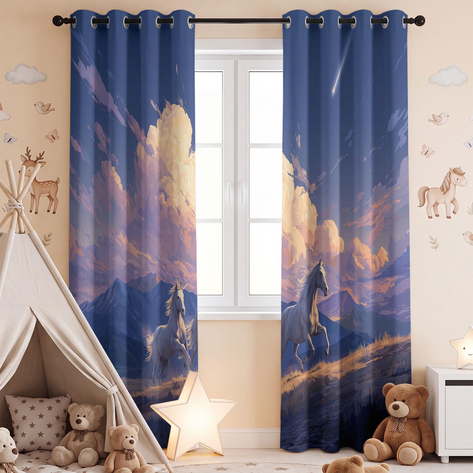 Générique Rideaux Occultants à Motif Cartoon Fille, Lot de 2 Rideaux Isolant Thermique à Oeillets, Romantique Licorne Rideau Doux pour Salon Chambre, 140L x 1060H CM