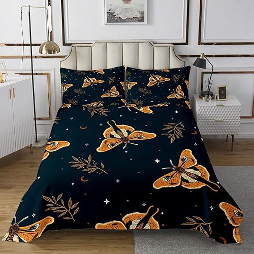 Miniatura 2 de Erosebridal Juego de ropa de cama de polilla gótica, diseño de mariposa dorada, tamaño individual, juego de edredón con estrellas brillantes, juego