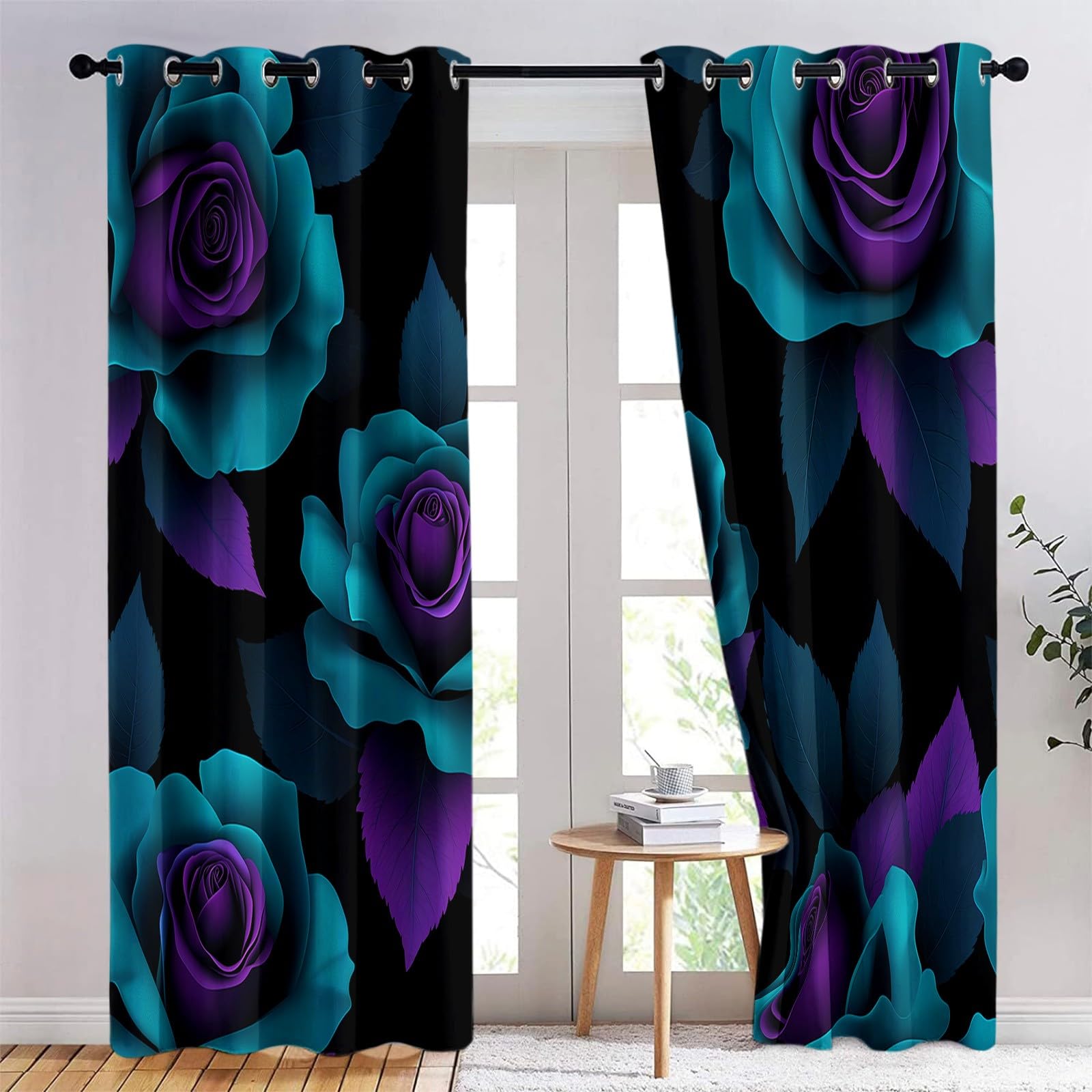 Tende Oscuranti per Interni 2 Pezzi 140x140 cm (LxA), Fiore Rosa 3D Foglie Tenda Coprente per Soggiorno, Termiche Isolanti Nero Tendaggi per Interno Finestra per Salotto Cucina