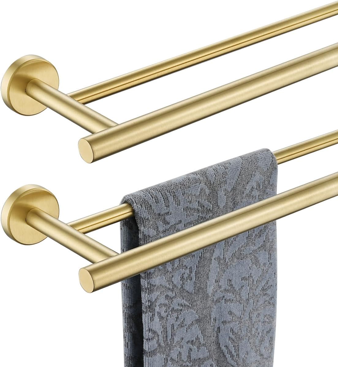 JQK Double Towel Bar, 24 Inch Brass Gold Bath Towel Rack for Bathroom, 304 Stainless Steel Thicken 0.8mm Towel Holder Wall Mount Brushed Gold, Total Length 27.16 Inch 2 Pack, TB100L24-BG-P2 27 Inch (2 Pack) Gold