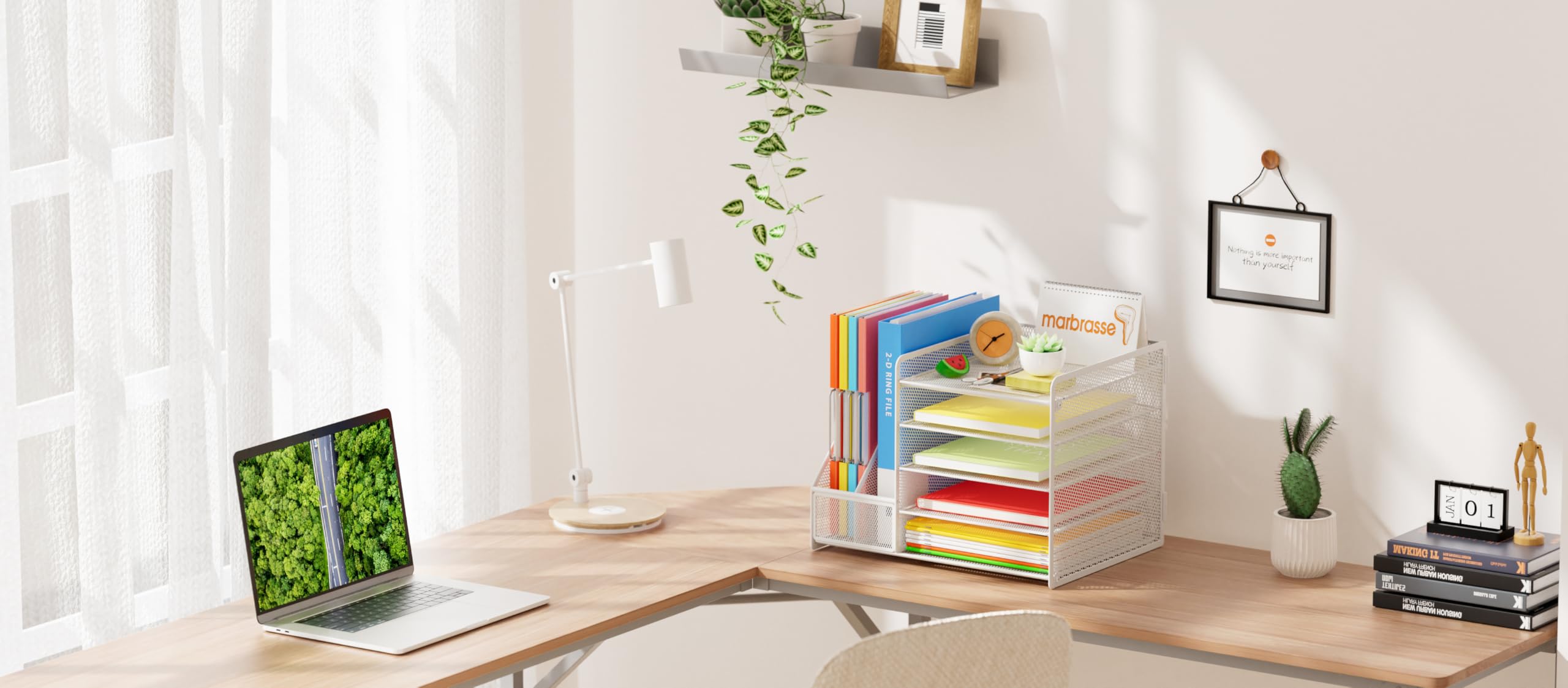 Marbrasse Organizer Scrivania,Porta Documenti Ufficio Scrivania,5 Comparti Porta Documenti Scrivania con 2 Portapenne per Casa Ufficio (Bianco Portapenne senza Cassetto)