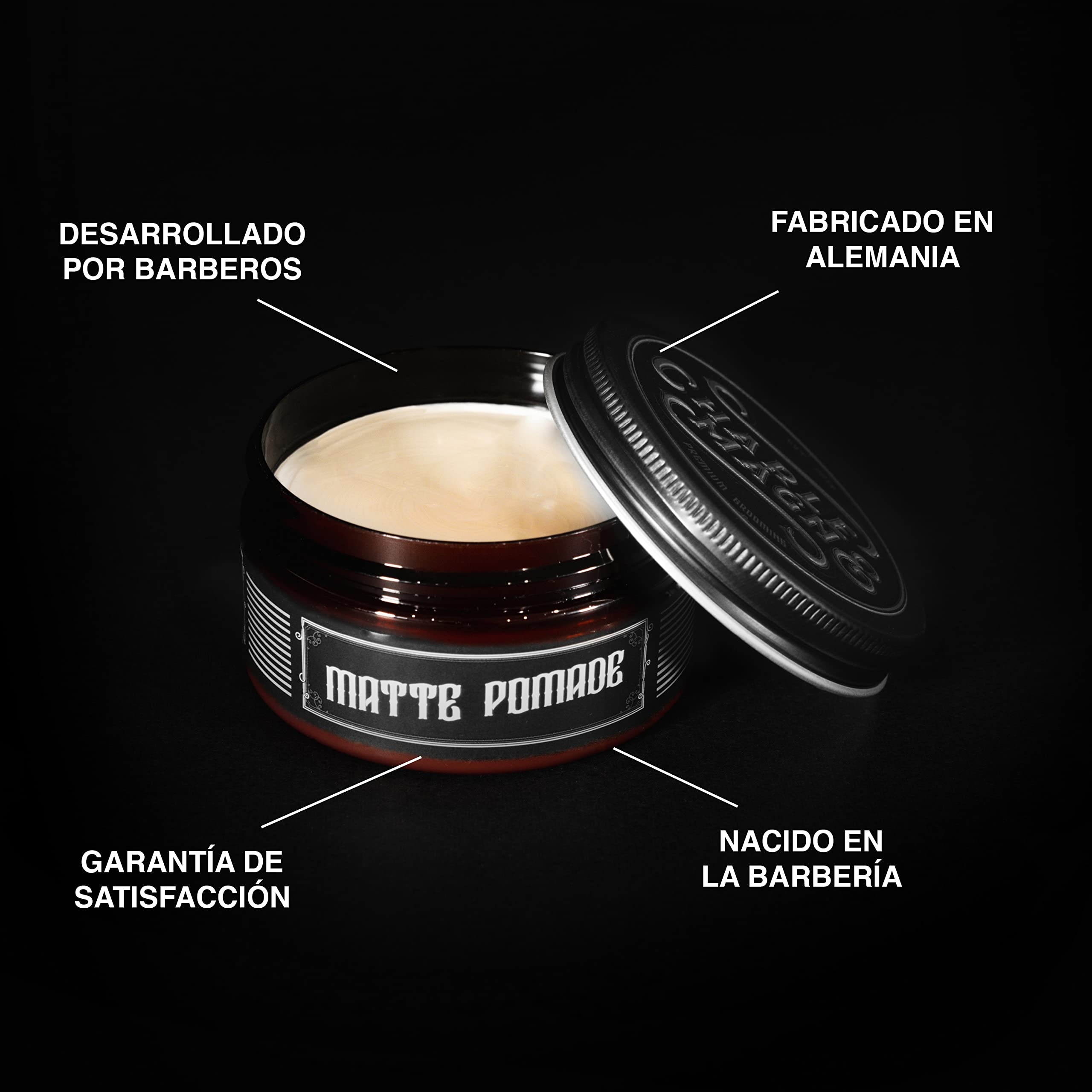 Charlemagne Pomada mate para el cabello - Mezcla de arcilla y pomada para el cabello para hombre - Crema moldeadora con aroma de barbería (100 g, Fijación fuerte)