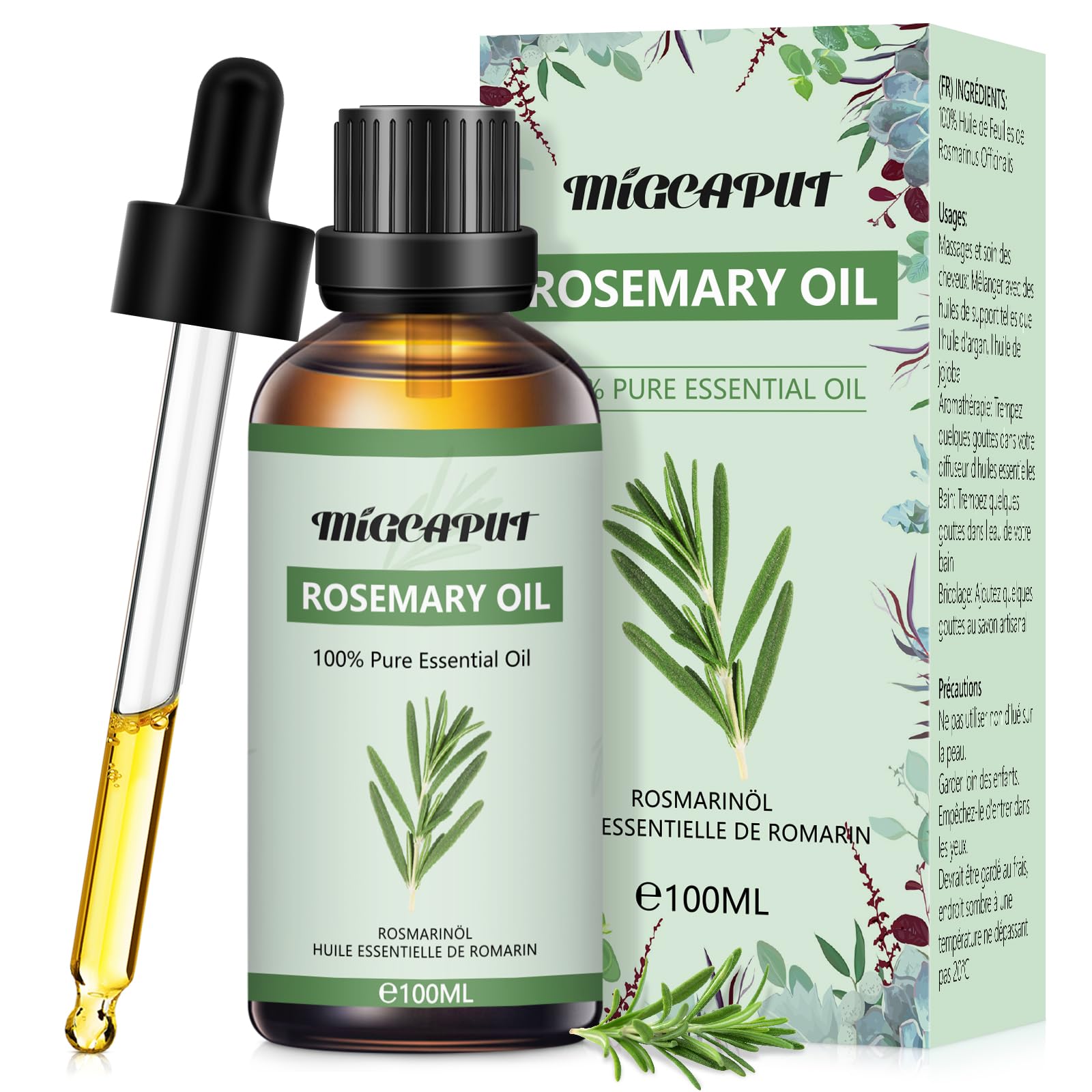 Migcaput Ätherisches Rosmarinöl 100ml,100% Naturrein Aroma Diffuser Öl Rosmarinöl für Haare & Kopfhaut, Aromatherapie, Guten Schlaf
