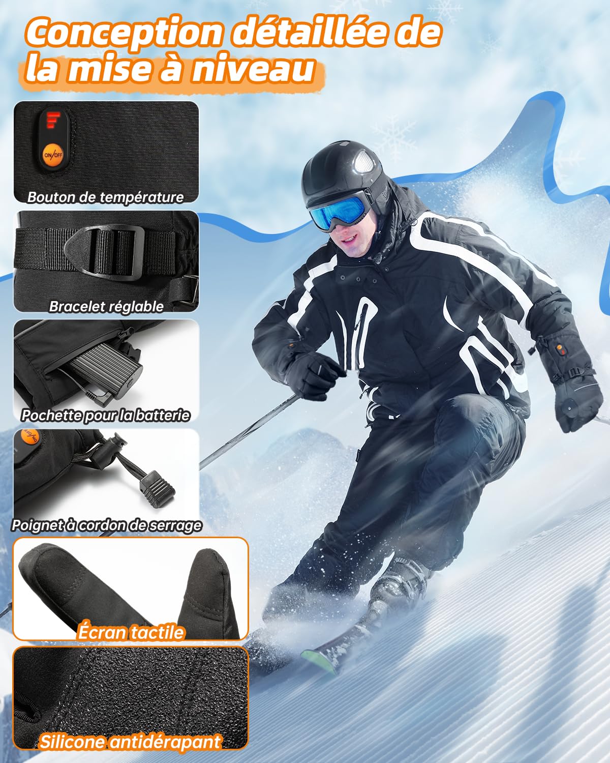 Gants Chauffants pour Homme Femme,Gants Chauffants avec 7.4V 3000mAh*2 Rechargeables Batterie, Gants Tactile Imperméable d'hiver USB Électriques pour Ski, Randonnée, Noir, L